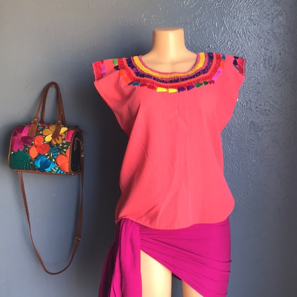 Rainbow Embroidered Mexican Artisan Coral  Top - Picture 10 of 11